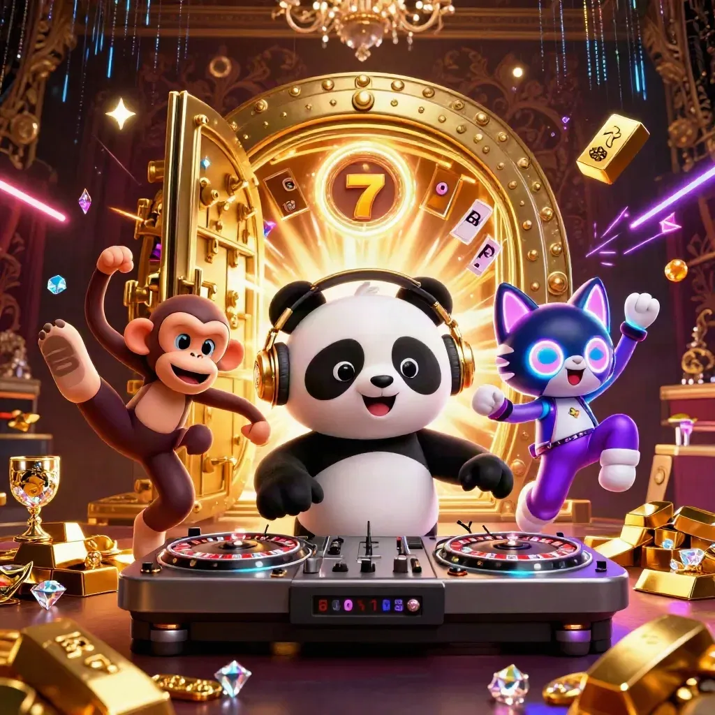 DJ panda, dancing monkey and glow-stick kitten amid a vault blast and casino treasure