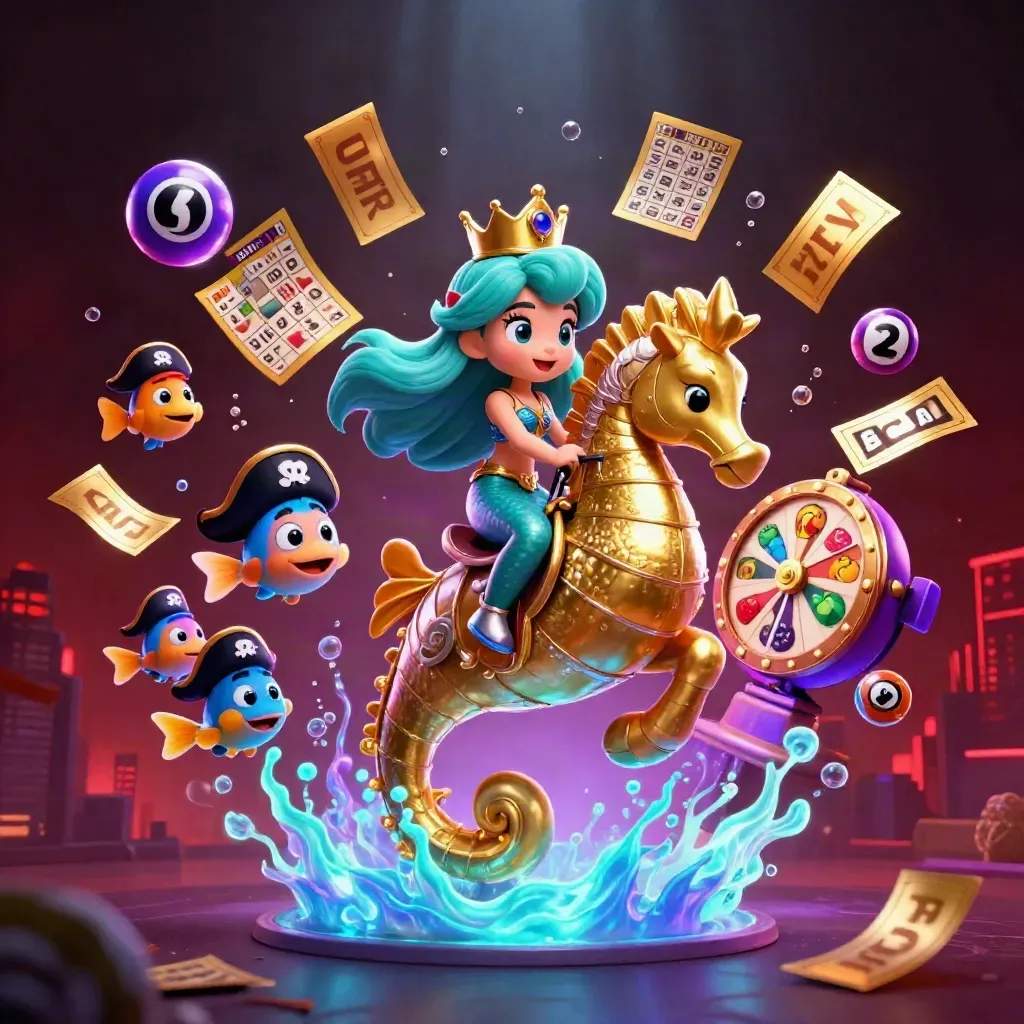 Mermaid princess on golden seahorse with pirate fish, lottery balls, prize wheel, and neon casino glow.