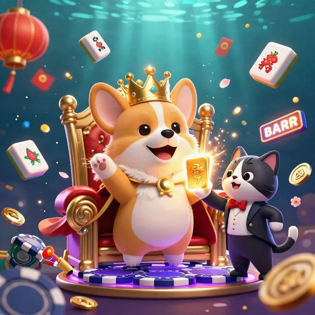 Royal corgi and cat butler amid neon casino treasures, lanterns, coins, and purple-gold light.