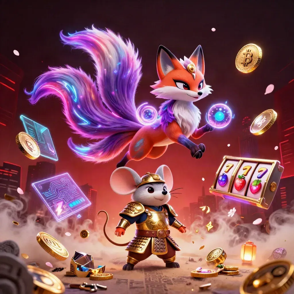 Neon fox spirit and samurai mouse amid coins, lightning, petals, and casino magic.