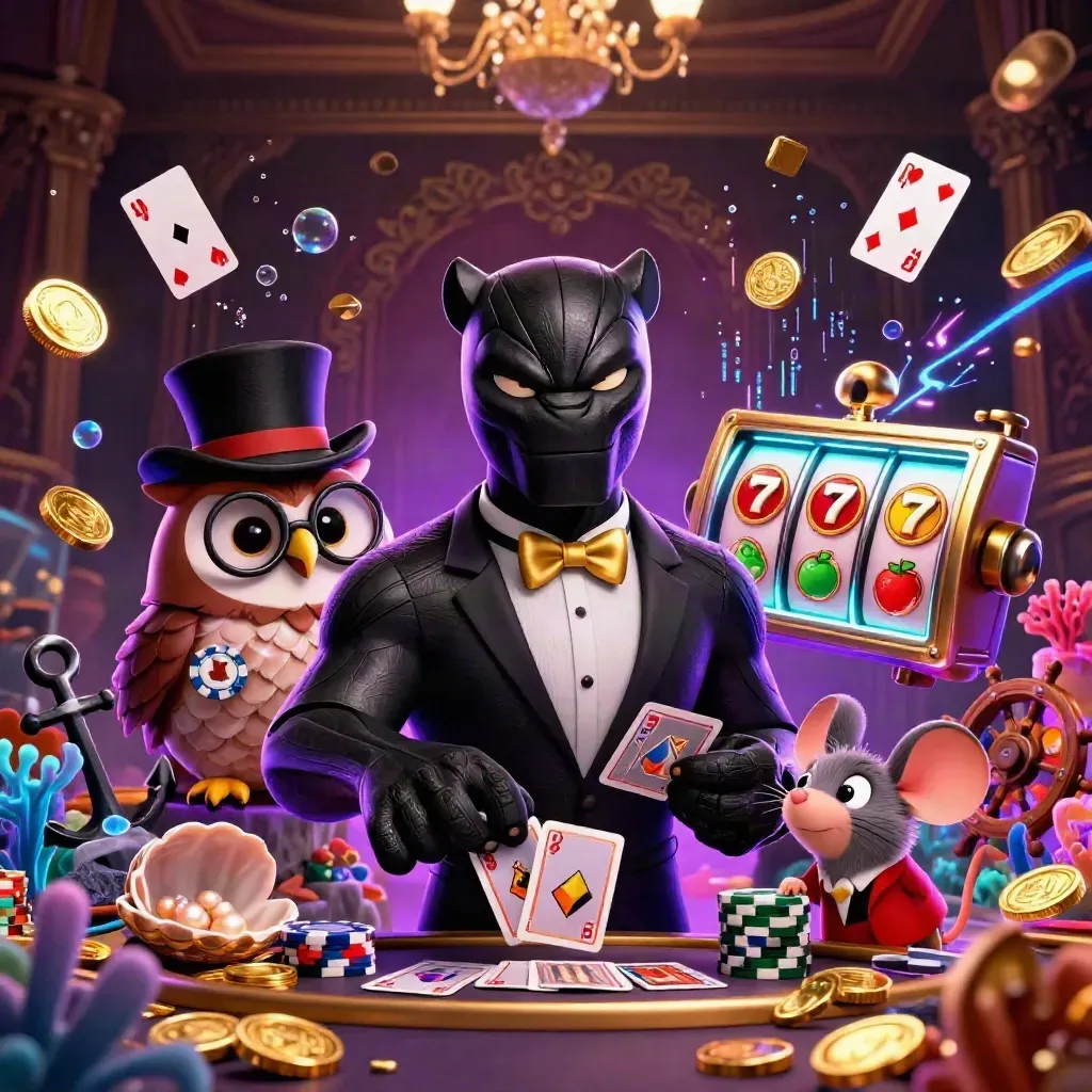 Panther, owl, and mouse amid treasure, coins, coral, and neon casino magic in a dark luxe cove.