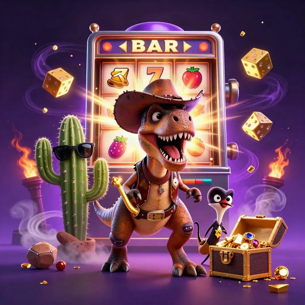 Cowboy T-Rex, cactus sidekick, and sheriff roadrunner amid a bursting slot-machine jackpot.
