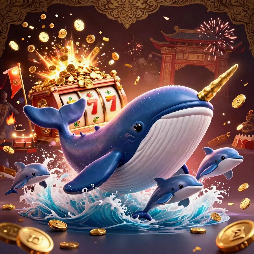 Whale captain, narwhal, and dolphins burst through coins with casino fireworks and gold.