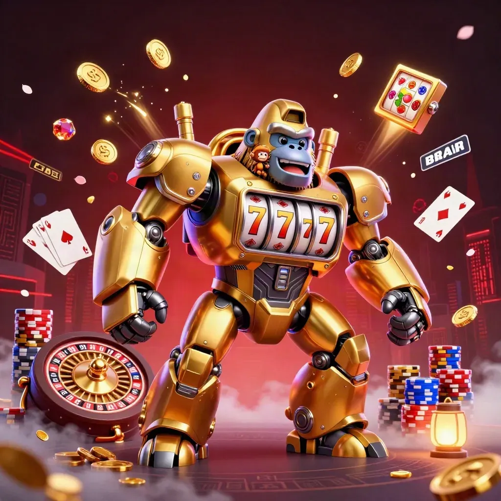 Golden gorilla mech with monkey pilot, coins, reels, chips, roulette, and fireworks