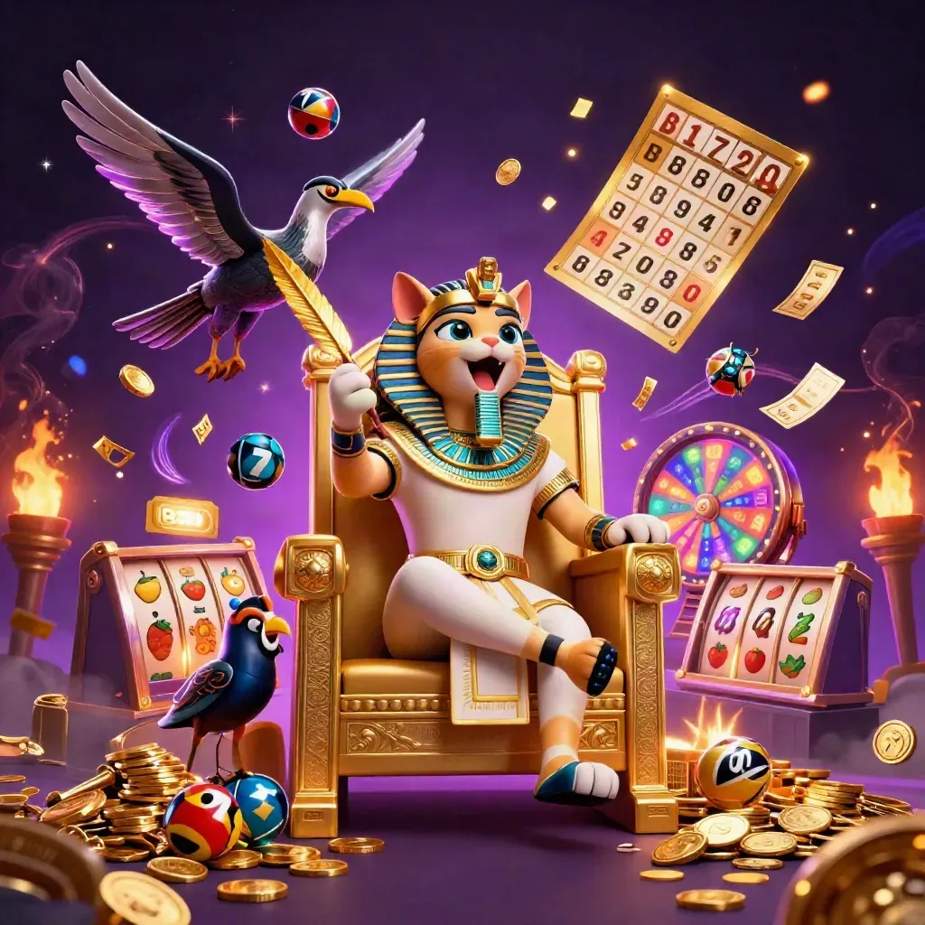 Pharaoh cat, ibis scribe, scarabs, coins, and casino symbols bursting in neon purple and gold.
