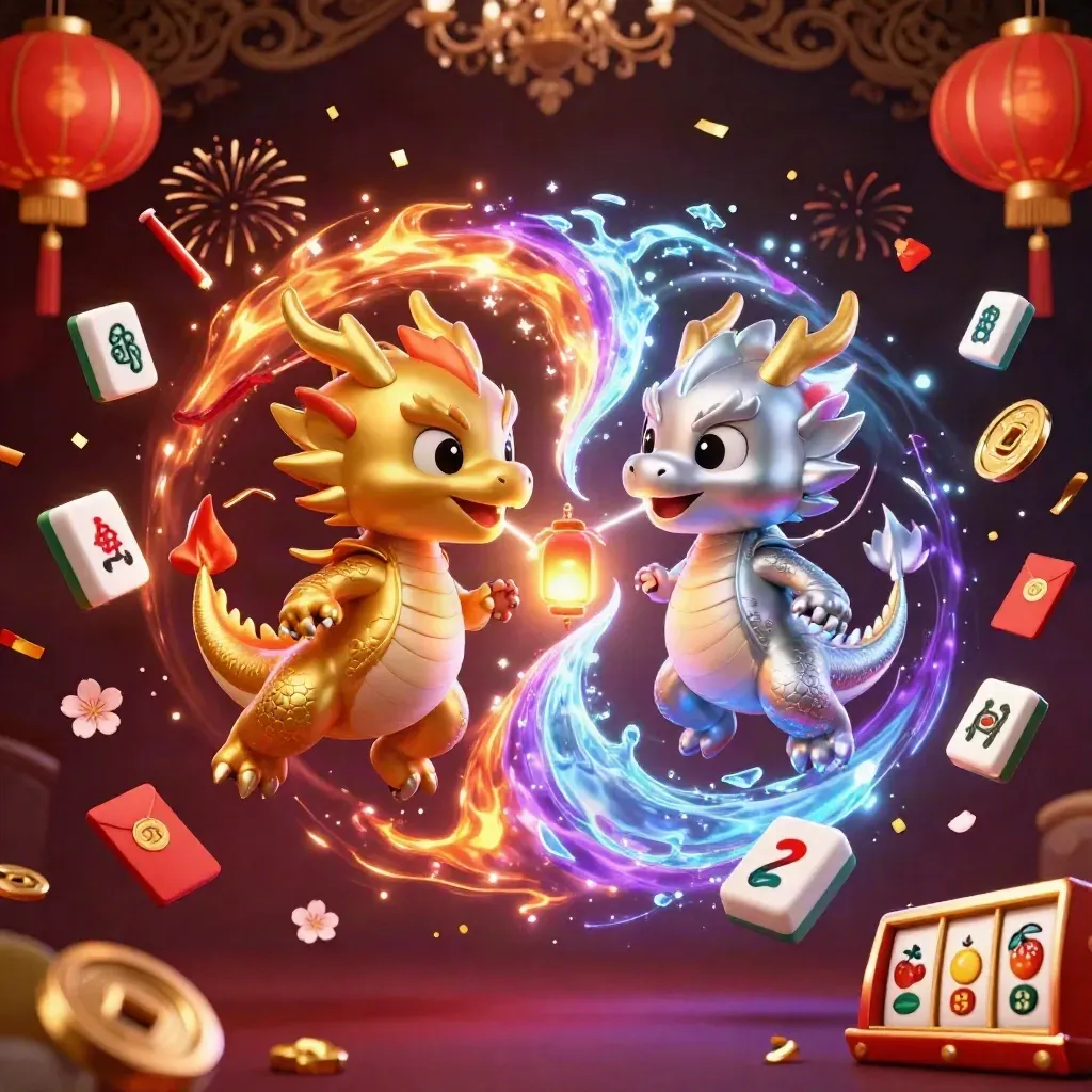 Gold and silver dragons swirl amid coins, lanterns, fireworks, and slot symbols in a luxe dark casino scene.