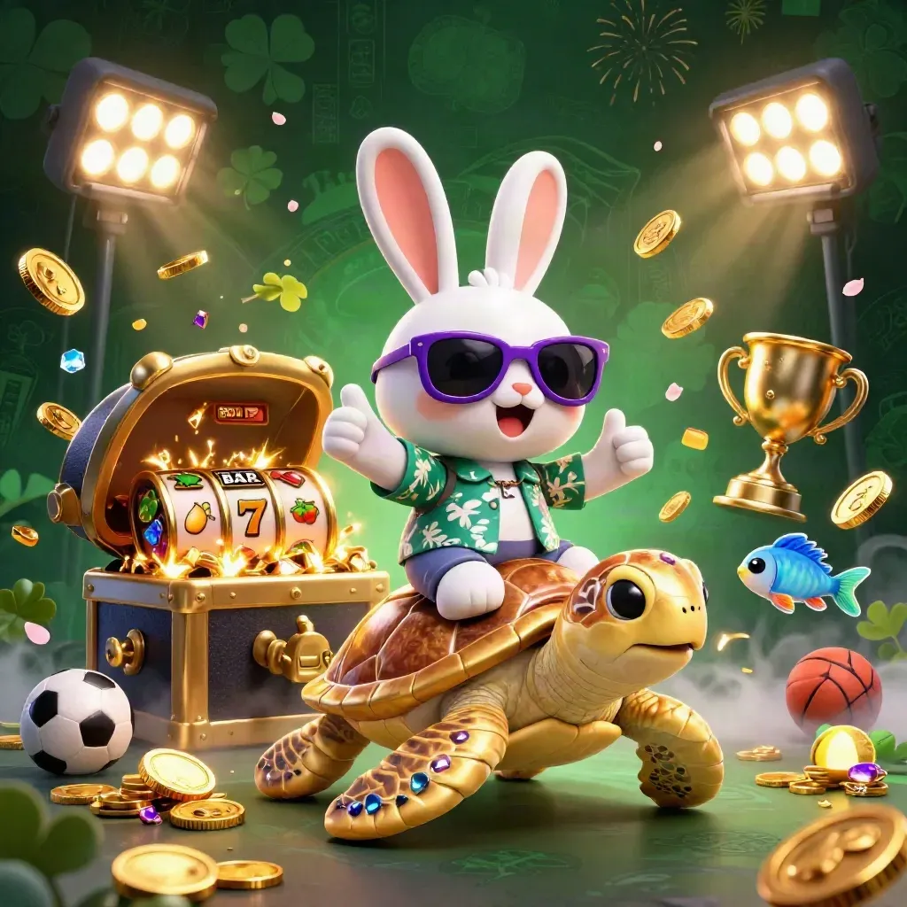 Lucky rabbit on a golden turtle amid coins, slots, sports balls, and fireworks