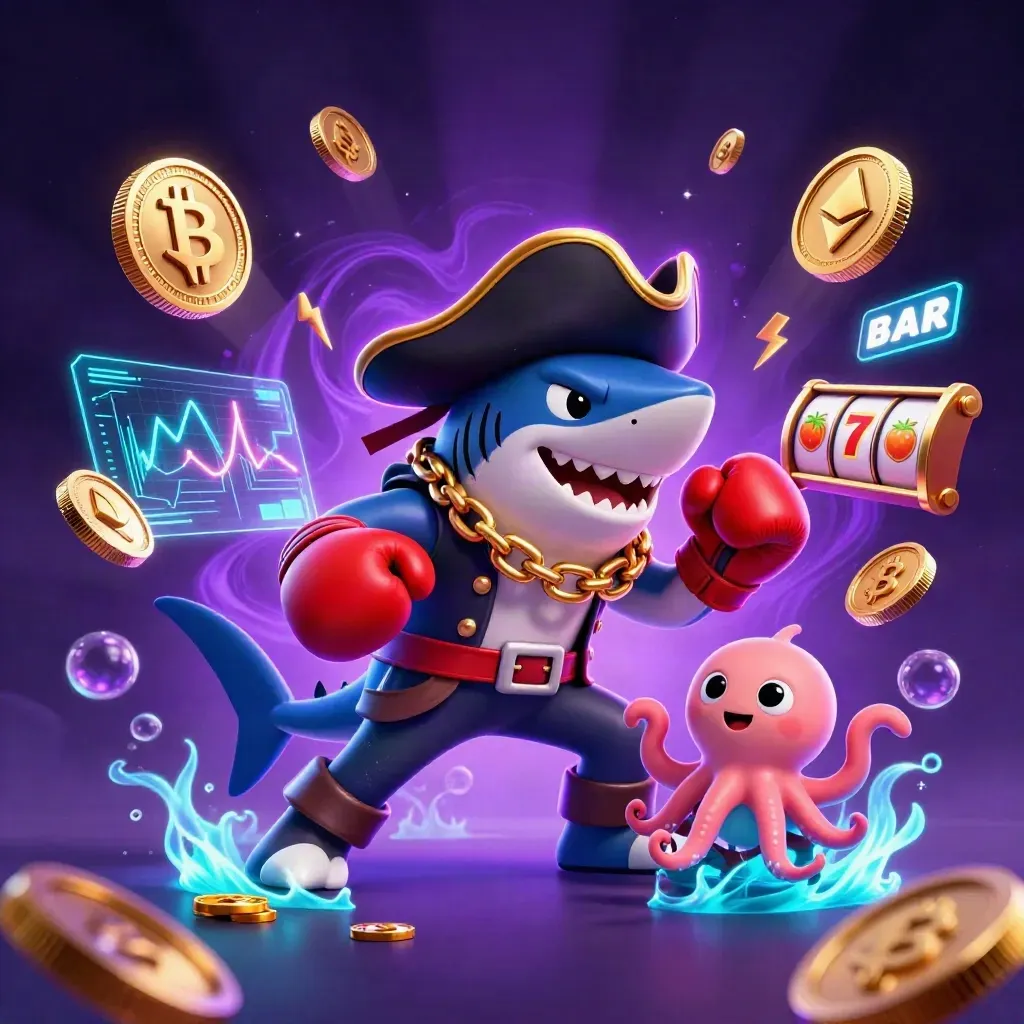 Pirate shark, boxing pufferfish, and coin-juggling octopus amid neon casino effects.