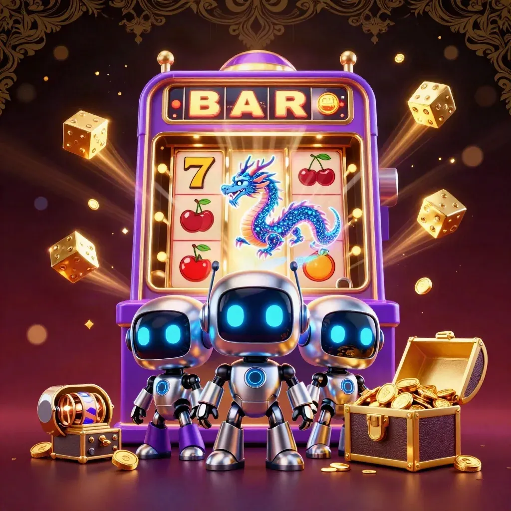 Cyberpunk robot, holographic dragon, and coin drone amid exploding slot jackpots and gold