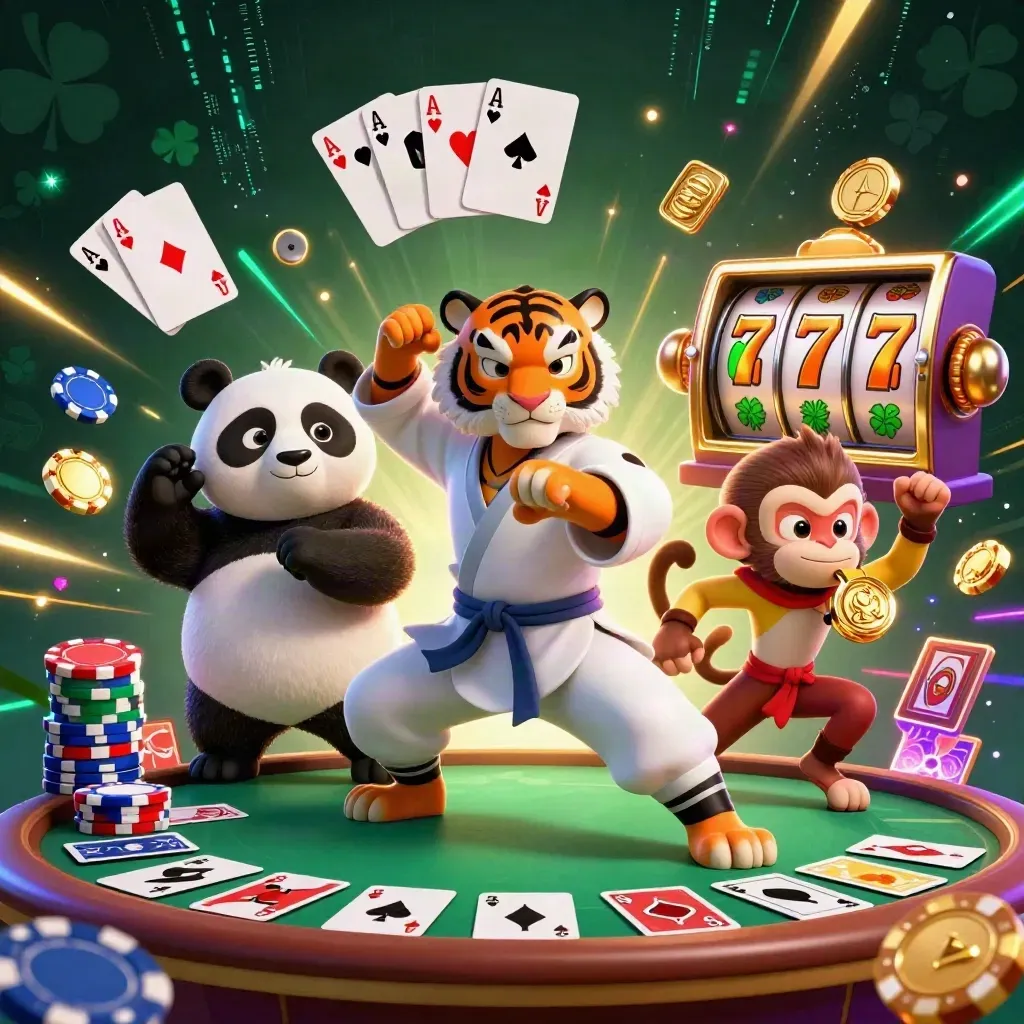 Kung-fu tiger, panda, and monkey amid slot reels, poker chips, and neon casino energy