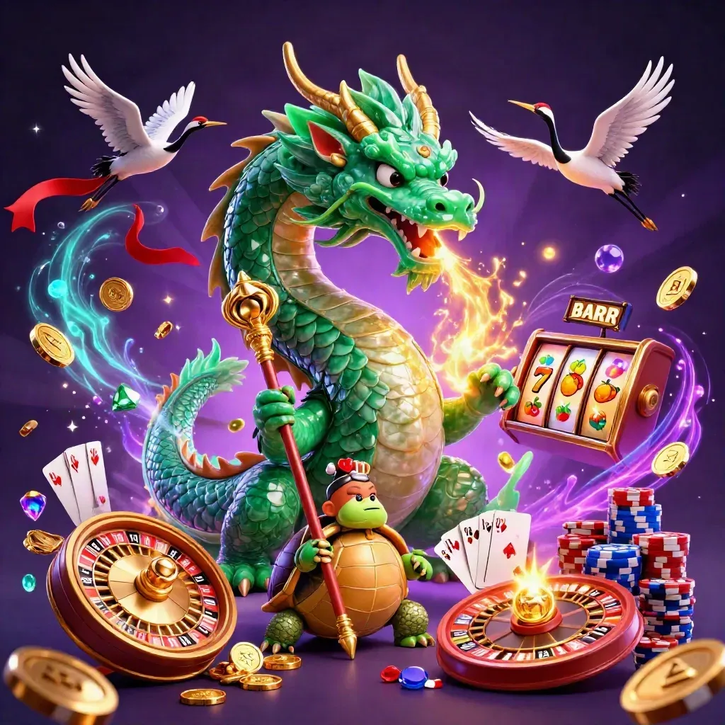 Emerald dragon, turtle sage, and cranes amid gold coins, neon casino effects, and purple magic.