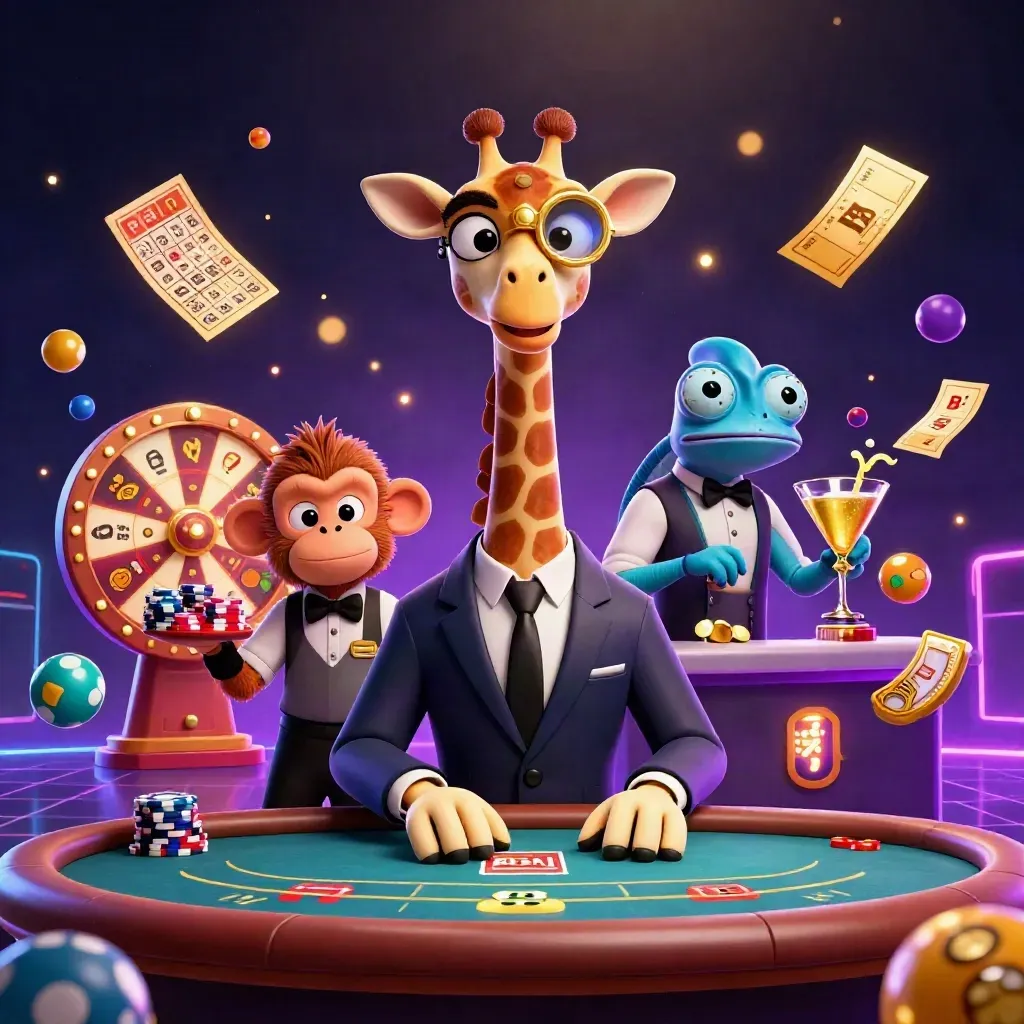 Giraffe, monkey, and chameleon in a neon casino scene with slots and jackpot effects.