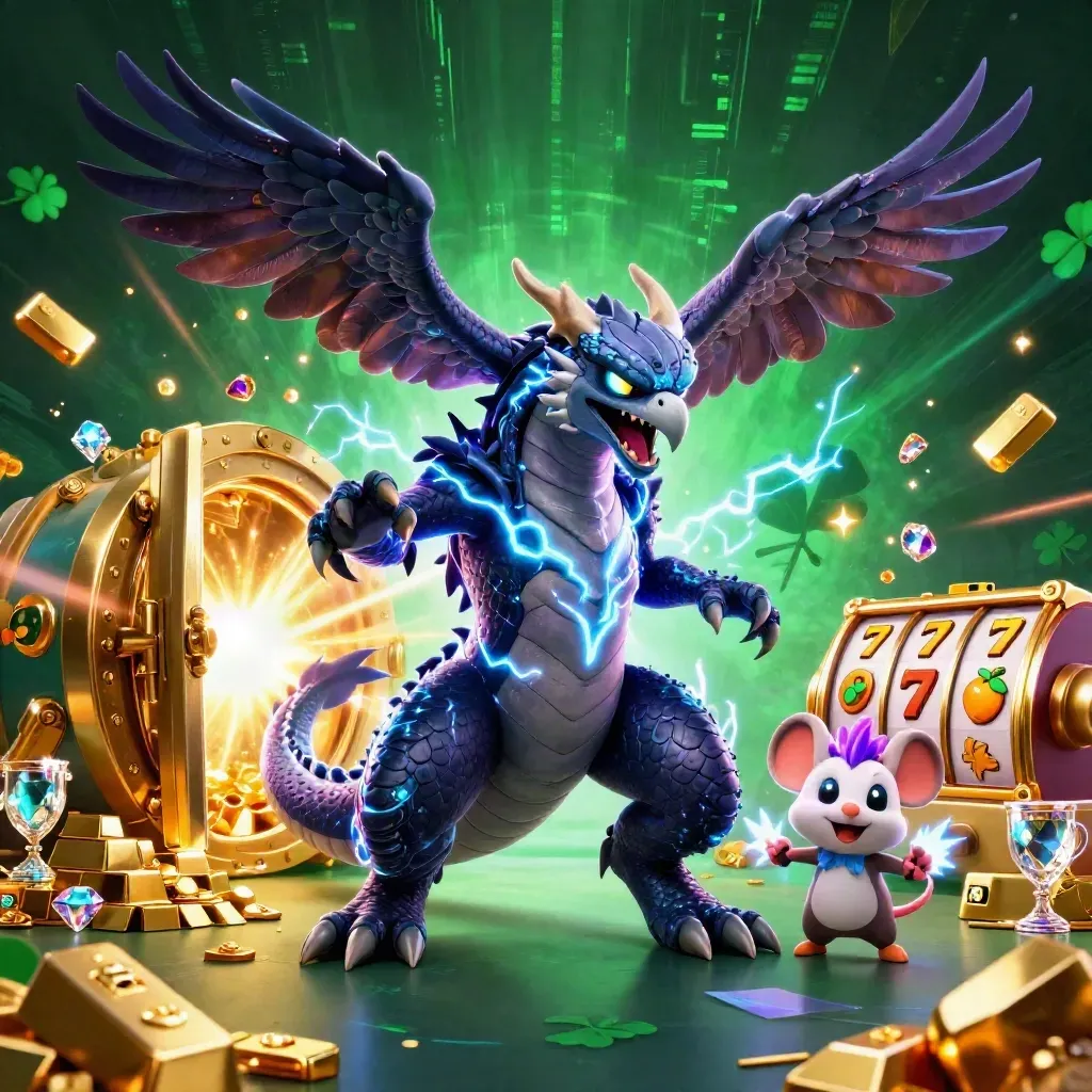 Thunder dragon, hawk, and sparking mouse burst from a gold vault amid casino loot and neon lightning.