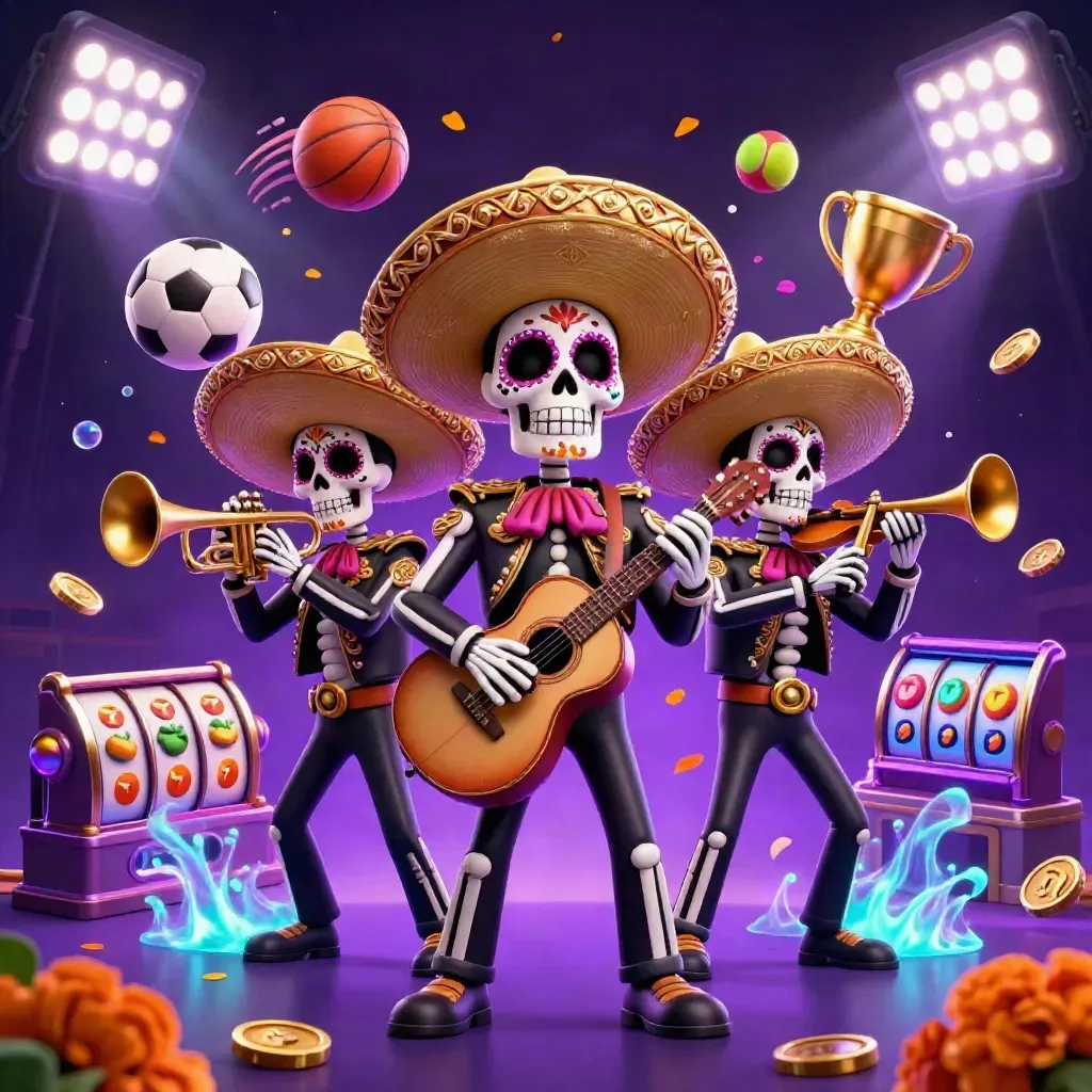 Day-of-the-Dead skeleton mariachi trio amid slot reels, balls, coins and neon casino glow