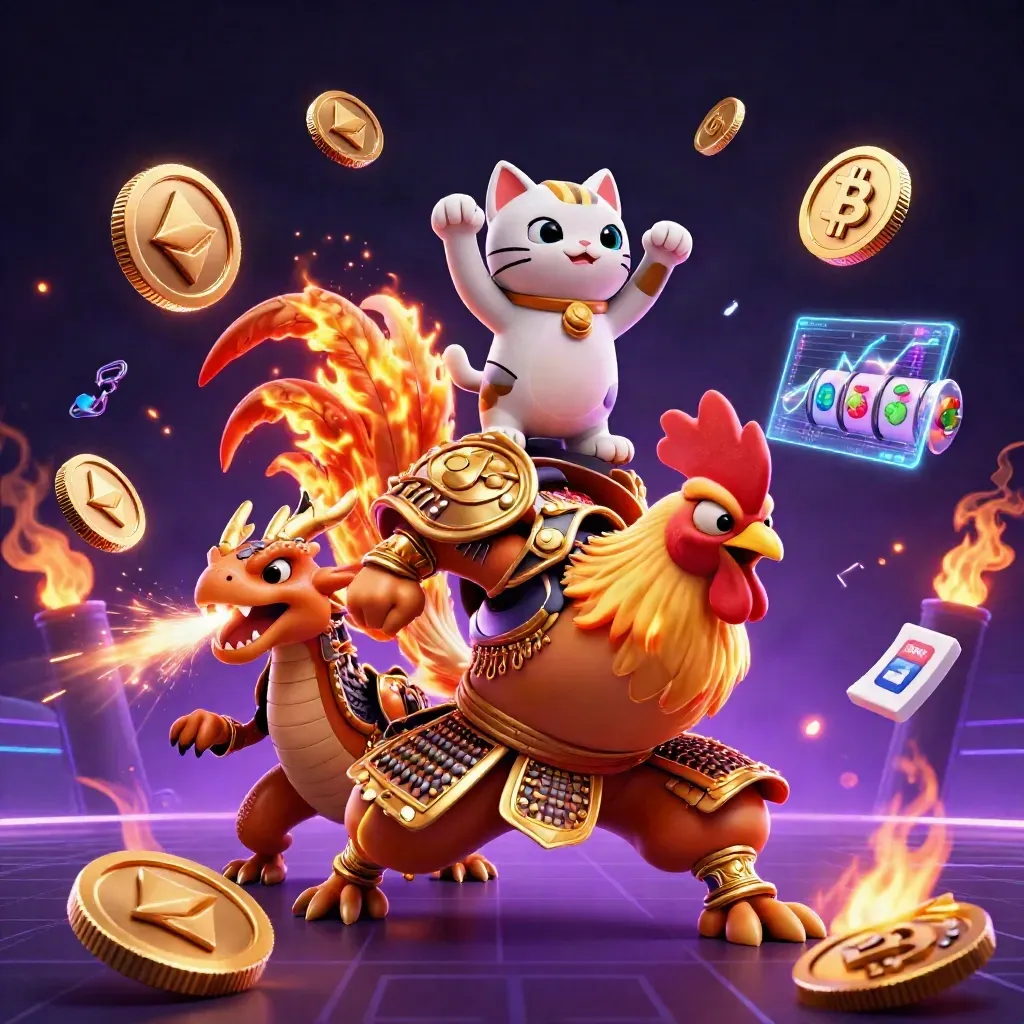 Rooster samurai, spark-breathing hatchling, and fortune cat amid neon coins and slot icons.
