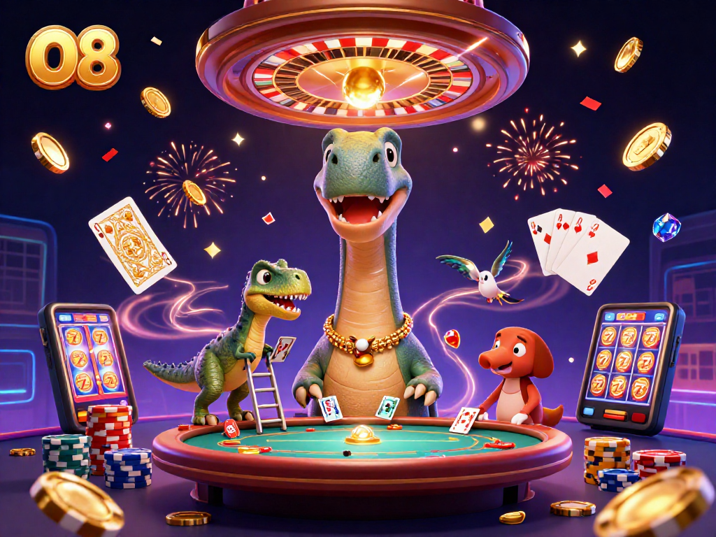 Join O8 in an exciting casino scene featuring a giant brontosaurus and clever raptor dealing cards.