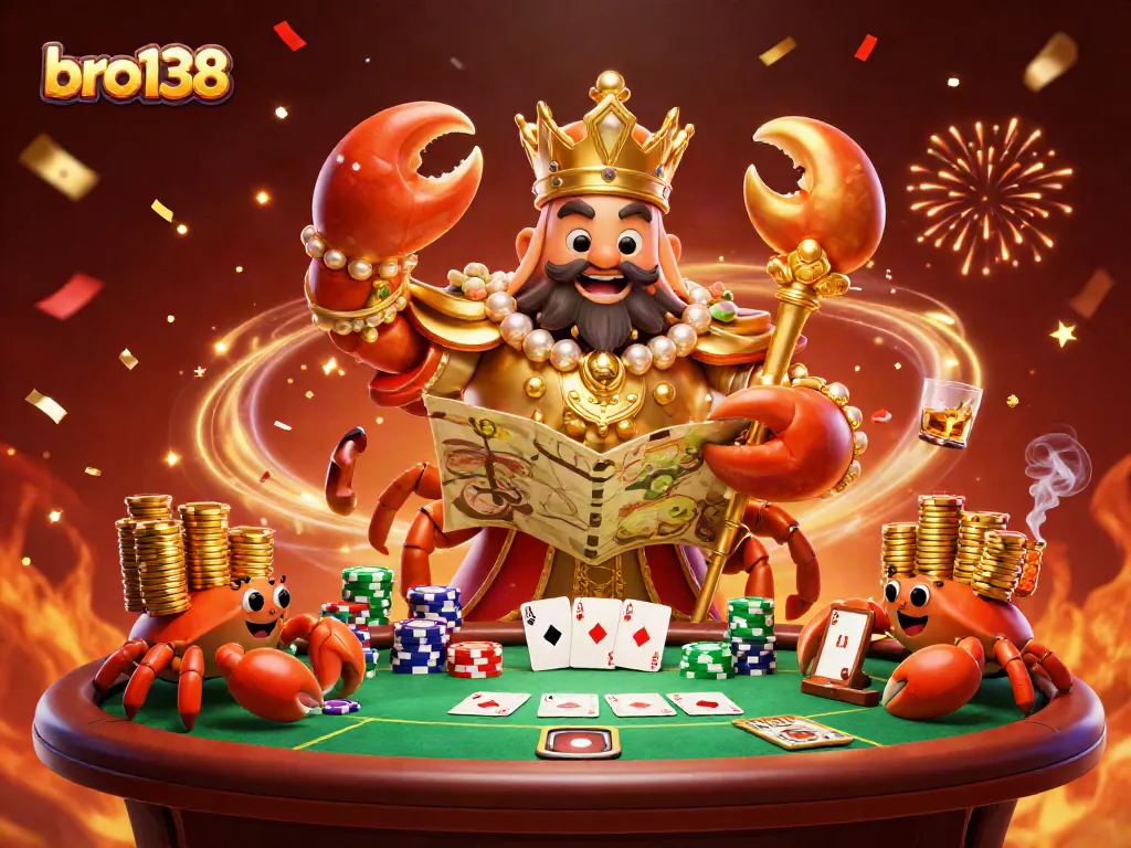 Experience thrilling gameplay with bro138's golden crab emperor amidst vibrant casino elements.