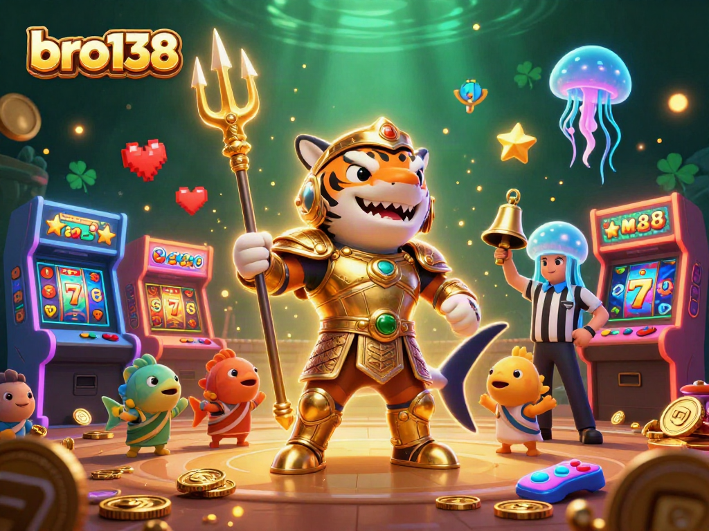 Spin to win big with bro138 featuring a golden shark in an underwater casino setting.