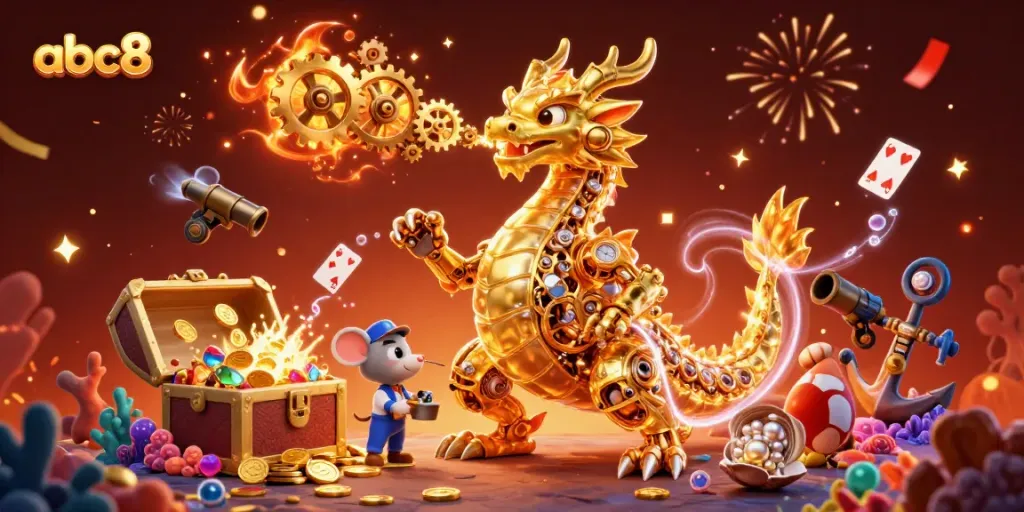 Engage with abc8 through an enchanting 3D illustration of a golden dragon amidst casino-themed treasure.