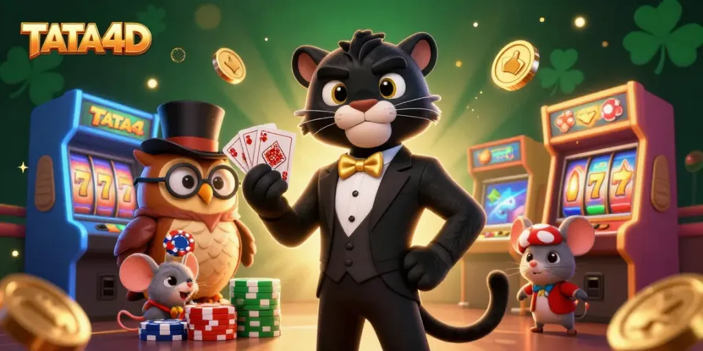 TATA4D's animated casino scene with a stylish panther dealing cards and an owl managing chips, showcasing vibrant slot game elements.