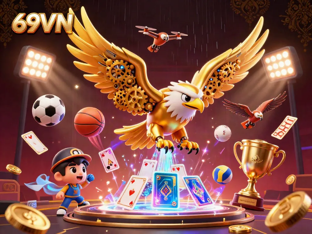 Engage with thrilling gameplay at 69VN while watching a cybernetic eagle showcase casino excitement with vibrant sports elements.