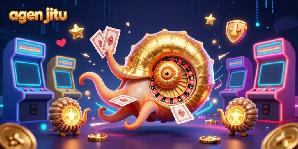 Gambarkan agen jitu yang menang dengan permainan kasino, termasuk nautilus kuno dan mesin permainan.