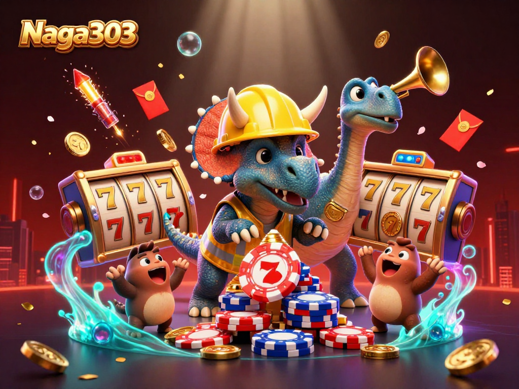 Naga303 menawarkan permainan slot yang menarik dengan simbol keberuntungan di latar belakang festival meriah.