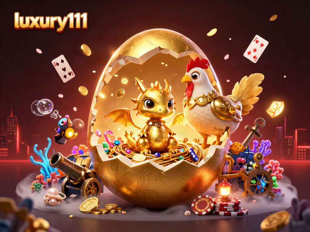 Experience luxury111 with a vibrant 3D casino scene showcasing a golden dragon guarding poker chips.