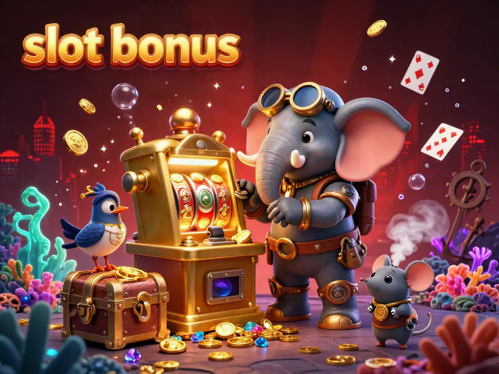 Engage with slot bonus excitement as the steampunk elephant operates a vibrant golden slot machine.