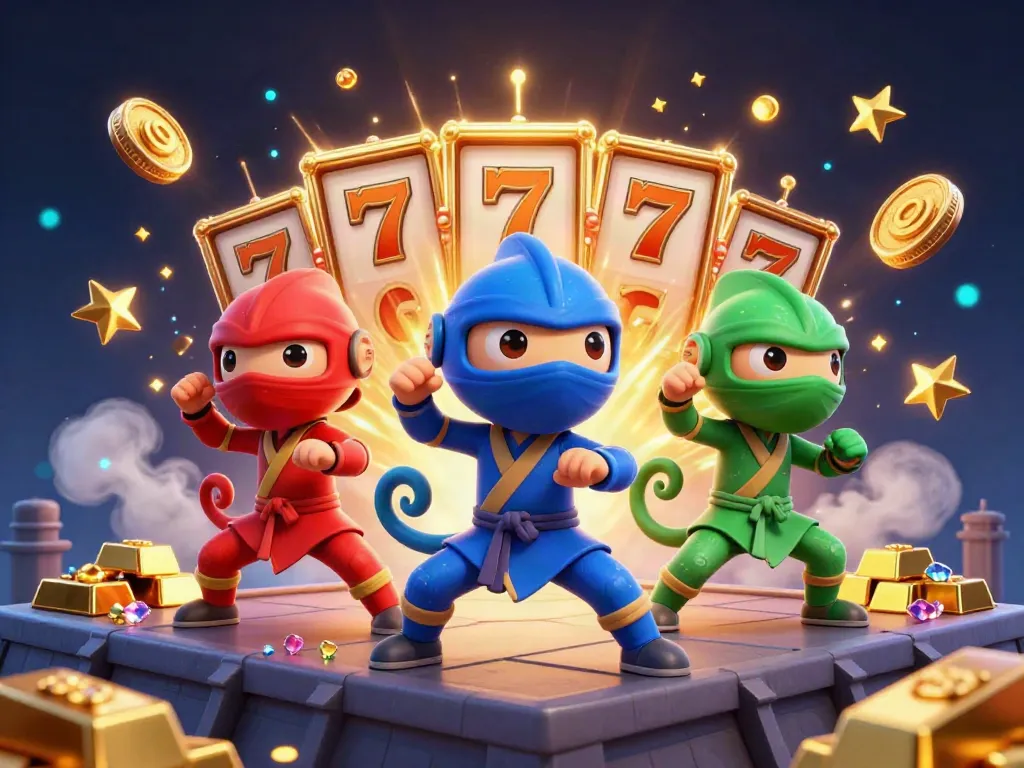 Slot casino ninjas performing martial arts with reels and treasures around them