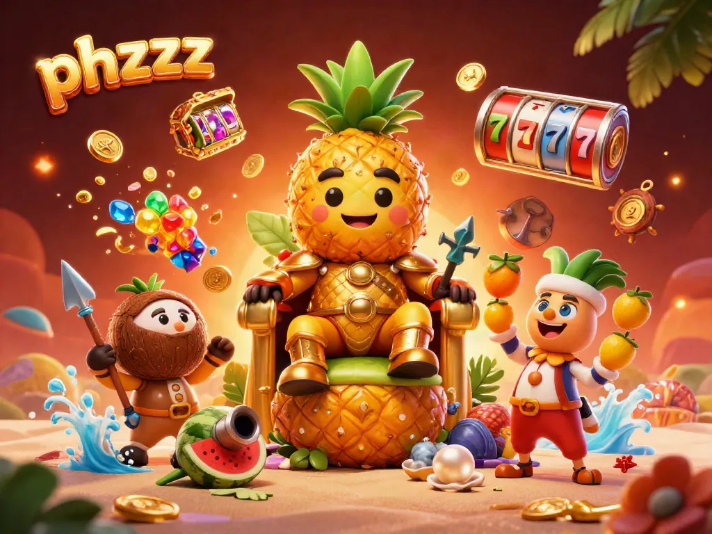 Engage with phzzz as the golden pineapple king reigns over a vibrant casino scene filled with treasure and excitement.