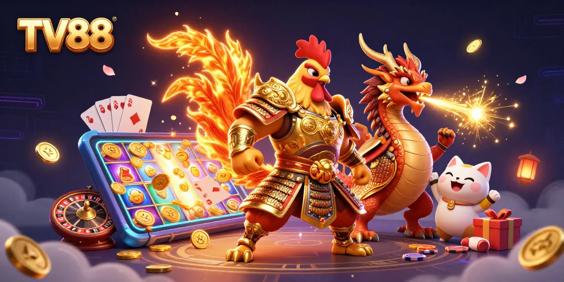 Experience thrilling gameplay at TV88 with a 3D cartoon rooster warrior and dragon amid vibrant casino elements.