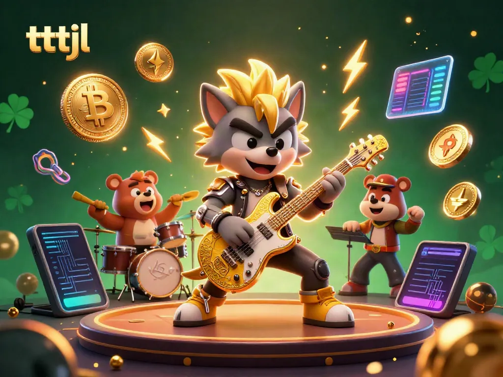 Experience the thrilling energy of tttjl casino with a rock star wolf and a drummer bear showcasing crypto elements.
