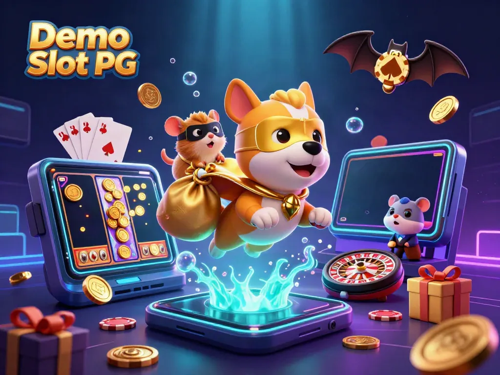 Experience the exciting Demo Slot PG with a superhero dog and sidekick in a vibrant casino scene.