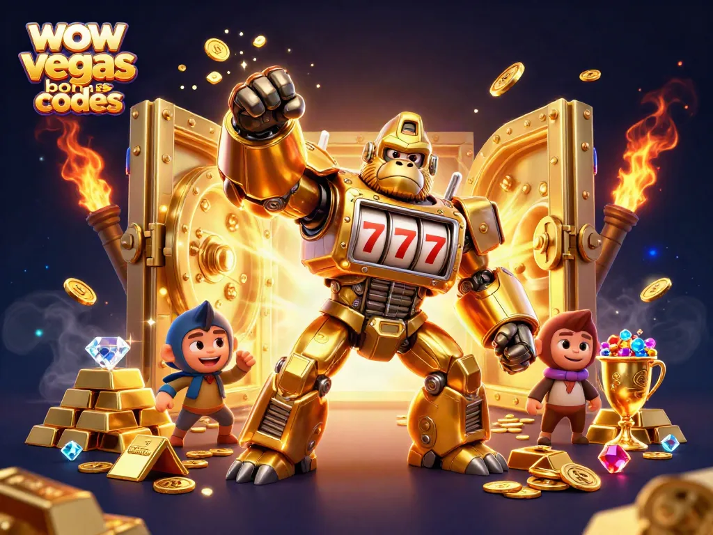 Engage with WOW Vegas bonus codes in this vibrant casino-themed 3D illustration featuring a golden gorilla mech.