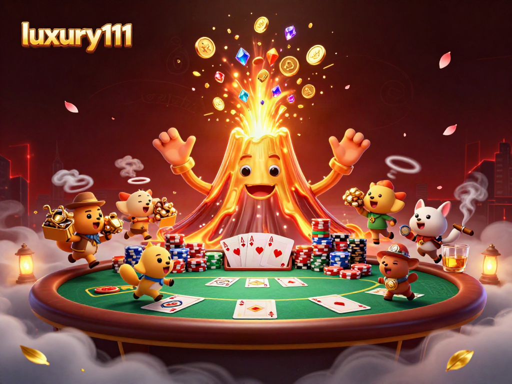 Engage with luxury111 through a vibrant casino scene bursting with treasure and poker elements.