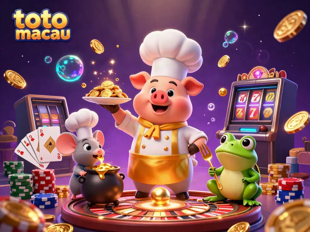 Permainan slot dengan simbol toto macau, koin emas mengalir di sekitar karakter koki, tikus, dan katak kritik.