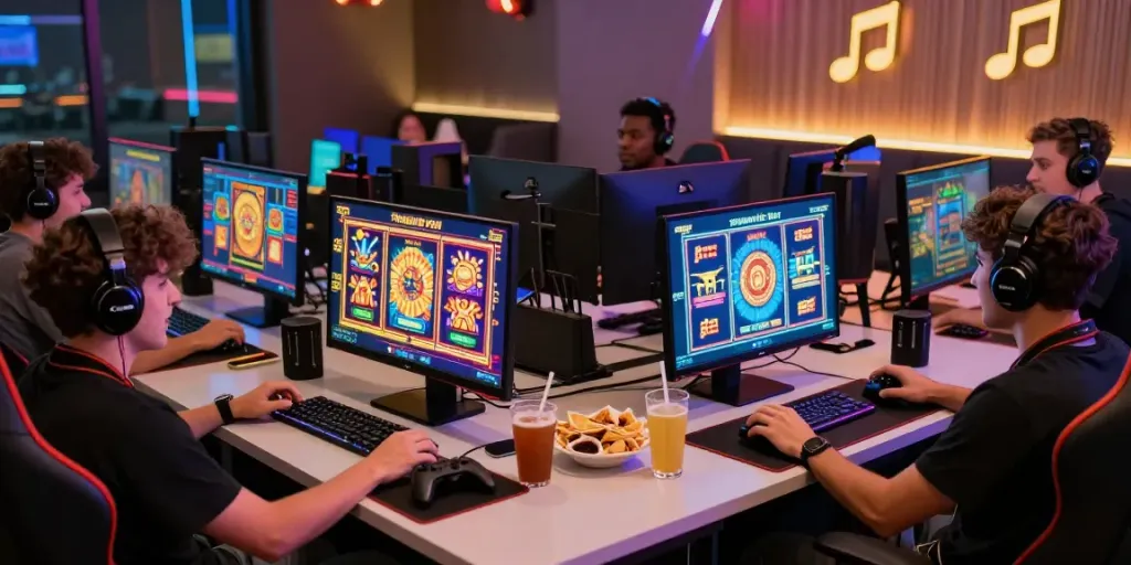 Players enjoying slot online gacor games in a lively gaming lounge with vibrant screens and snacks.