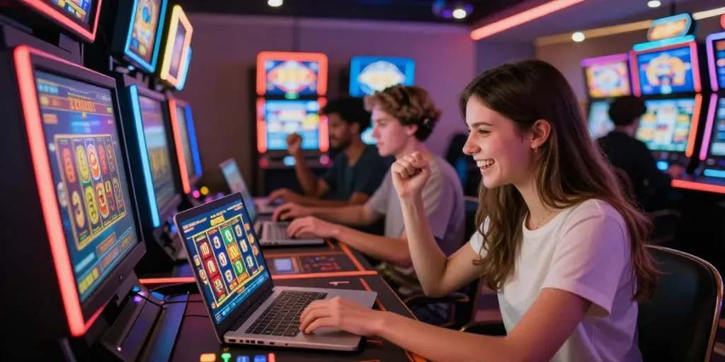 Exciting online gaming scene showcasing slot gacor maxwin celebration during a live gaming session with vibrant visuals and dynamic atmosphere.