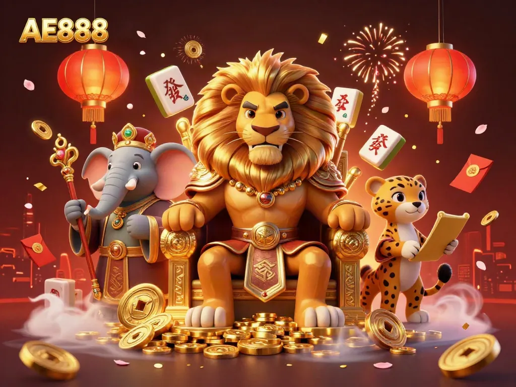 Experience AE888 excitement with vibrant characters and festive elements in this dynamic casino illustration.