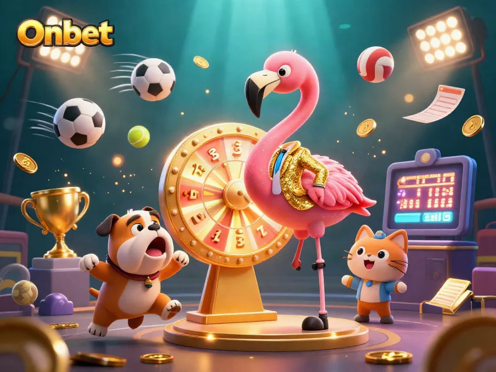 Engage with the Onbet adventure as a cartoon flamingo host spins the prize wheel amidst sports-themed elements!