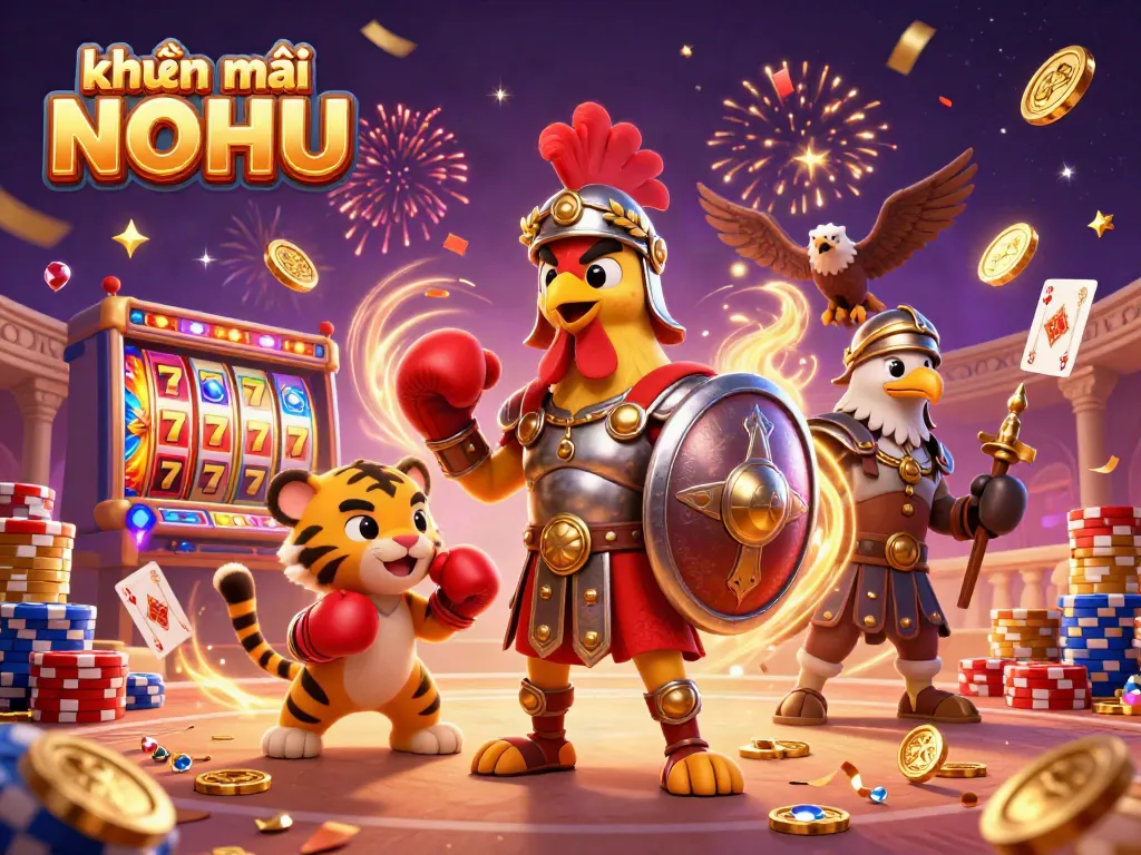 Experience the thrilling khuyến mãi NOHU promotions while surrounded by a festive casino atmosphere, with coins and jackpots in view.
