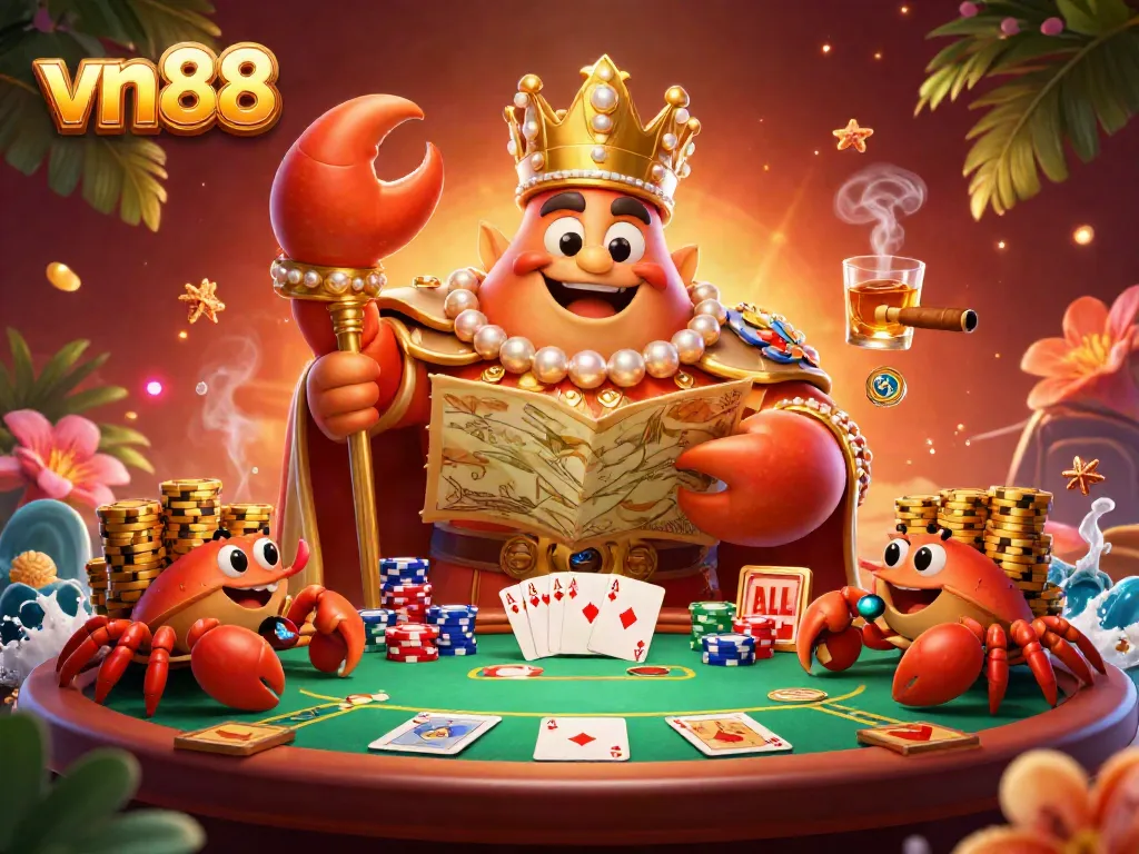 Experience the thrills of vn88 with a golden crab emperor in a lively casino scene bursting with poker action.