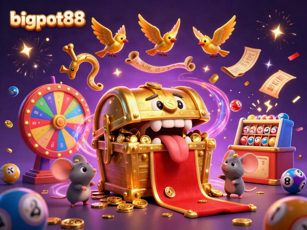 bigpot88 menyajikan ilustrasi kasino 3D yang meriah dengan elemen lotere dan kekayaan yang melimpah.