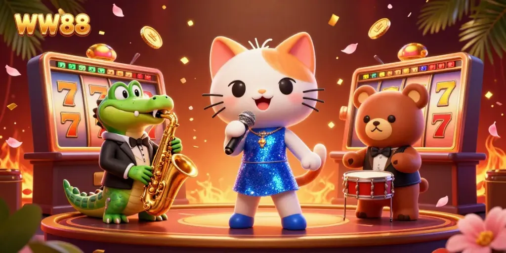 Witness the excitement at WW88 with a vibrant casino scene featuring animated characters and spinning slot reels.