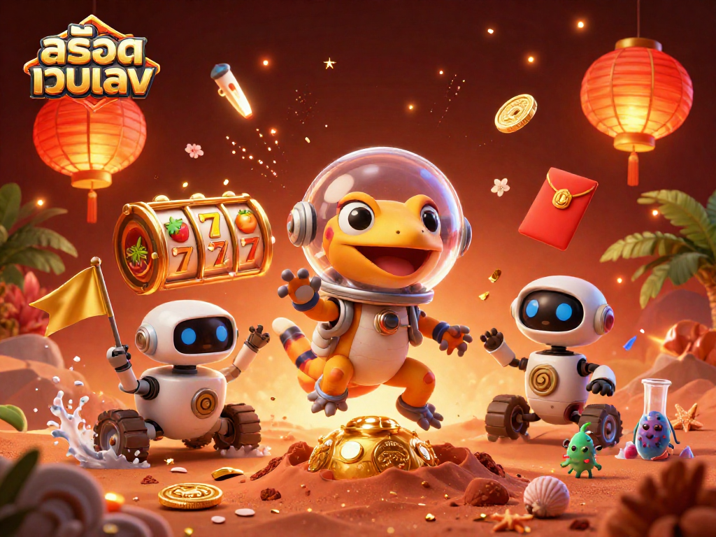 Spin to win with สล็อตเว็บตรง, interactive 3D casino scene showcasing vibrant characters and gaming elements.