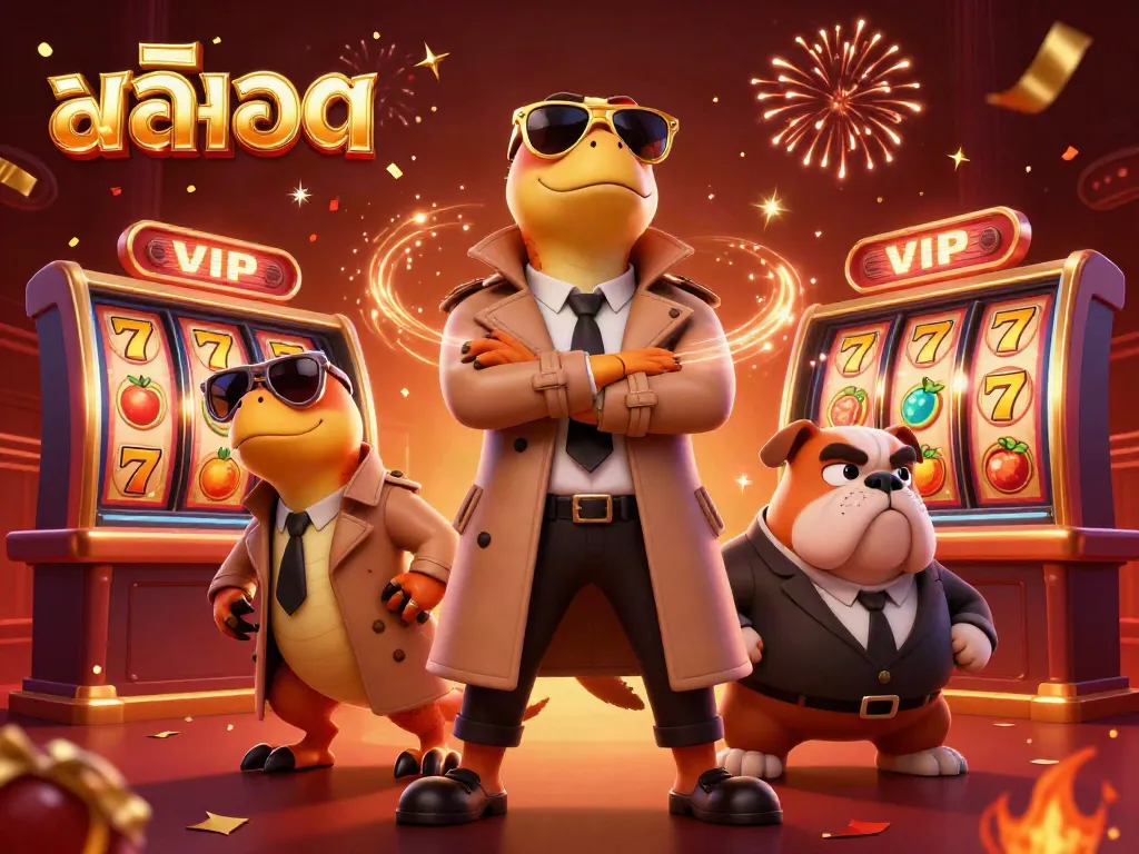 Experience thrilling สล็อต gameplay with 3D cartoon raptors sneaking into a VIP casino lounge surrounded by vibrant symbols.
