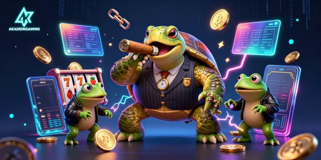 Engage in thrilling casino action with AKADEMIGAMING's vibrant 3D scene featuring a snapping turtle and bullfrogs.
