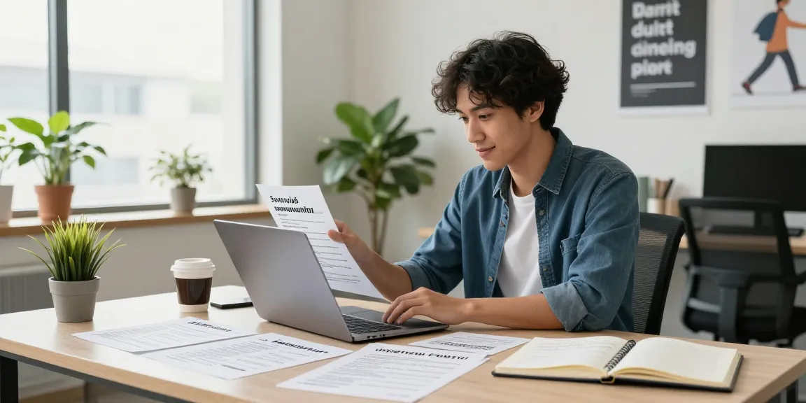 Job seeker eagerly searching for หางาน opportunities at a modern office desk.