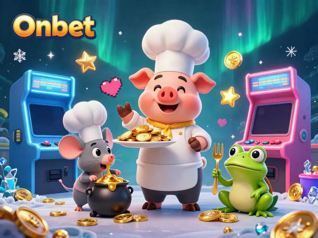 Enjoy gaming at Onbet with vibrant scenes featuring a pig chef serving gold coins.